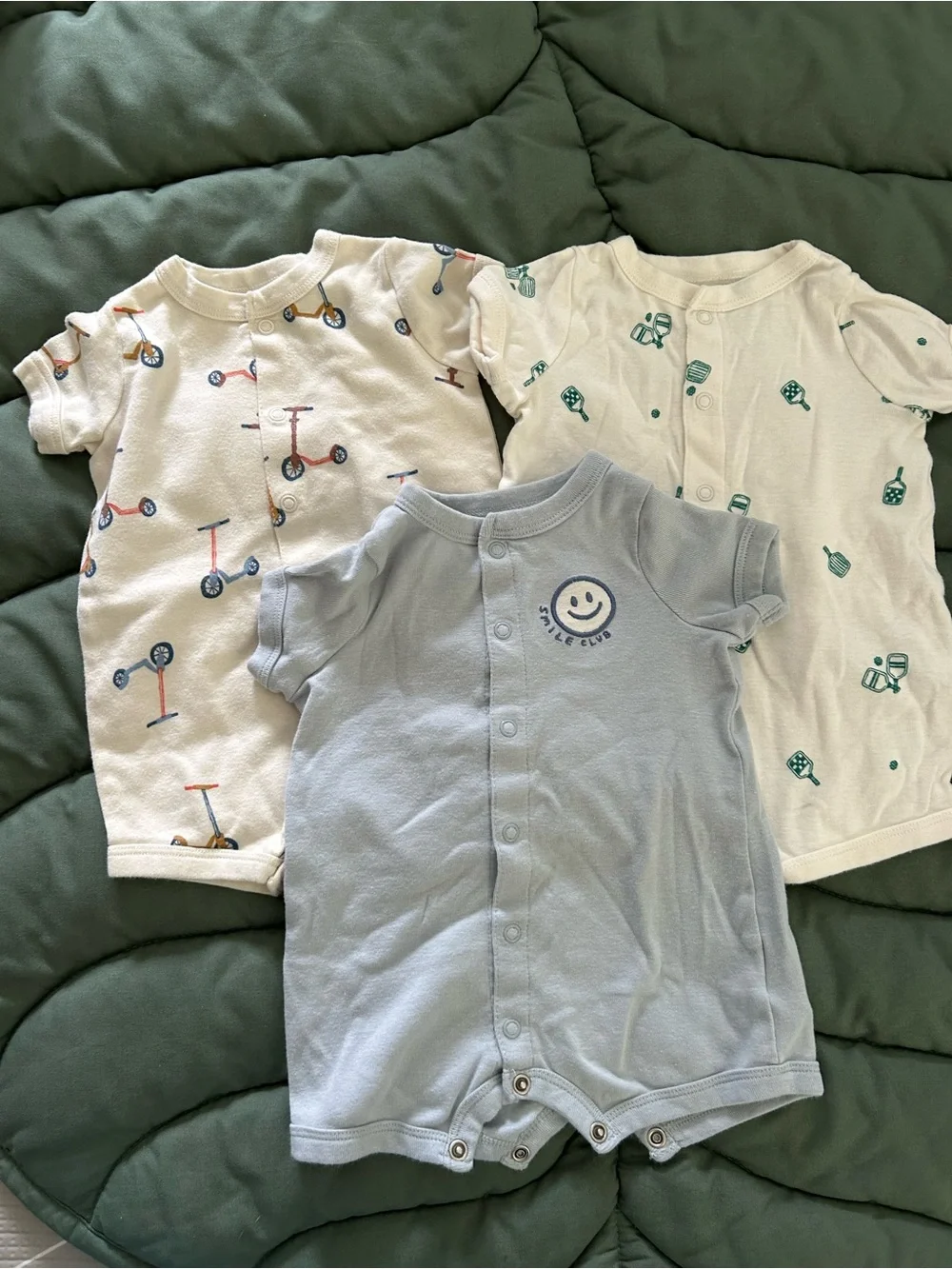 Carter's Blue, White & Cream Short-Sleeve One-Piece Set - Scooter & Smile Prints